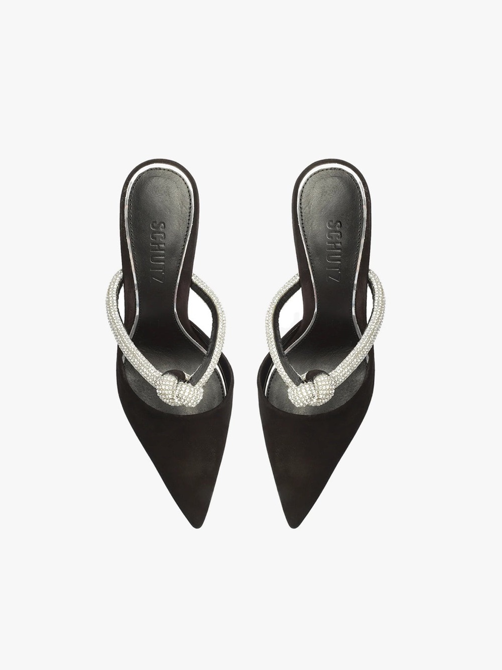 SCHUTZ Black Mules with Silver Crystal Knot Strap